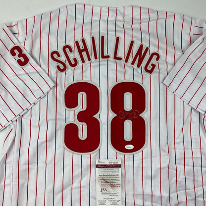 Autographed/Signed Curt Schilling Philadelphia Pinstripe Baseball Jersey JSA COA