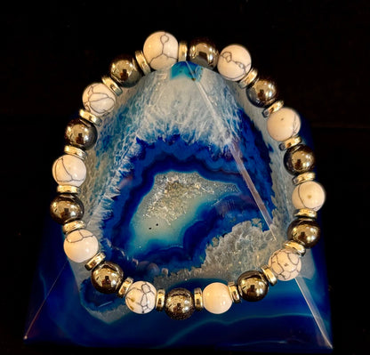 White Turquoise & Hematite Energy Protection Bracelet – 8mm Beads for Medium Wrists