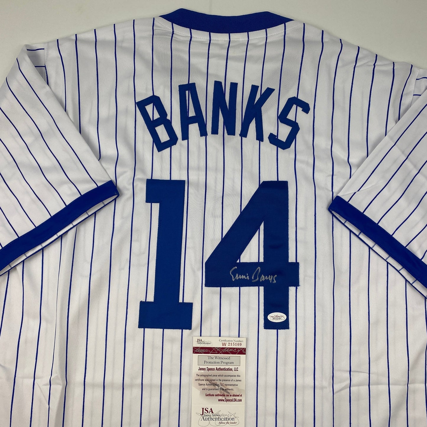 Autographed/Signed Ernie Banks Chicago Pinstripe Baseball Jersey JSA COA