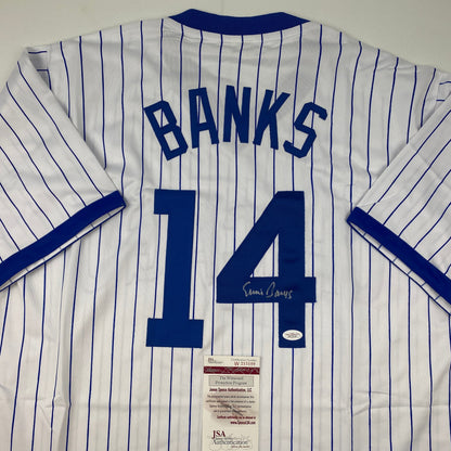 Autographed/Signed Ernie Banks Chicago Pinstripe Baseball Jersey JSA COA