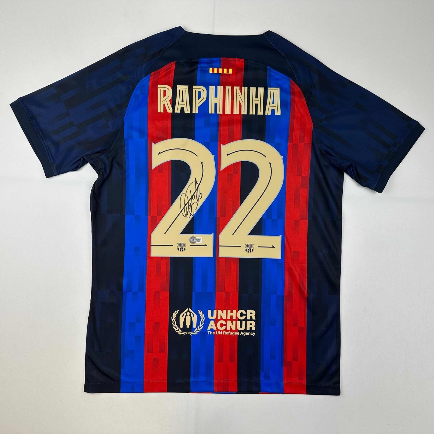Autographed/Signed Raphinha Raphael Belloli FC Barcelona Blue Soccer Jersey Beckett BAS COA