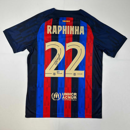Autographed/Signed Raphinha Raphael Belloli FC Barcelona Blue Soccer Jersey Beckett BAS COA