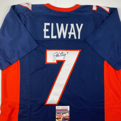 Autographed/Signed John Elway Denver Blue Football Jersey JSA COA