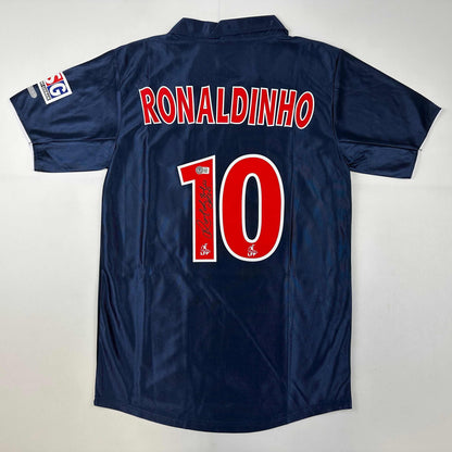 Autographed/Signed Ronaldinho PSG Paris Saint Germain Blue Soccer Futbol Jersey Beckett BAS COA