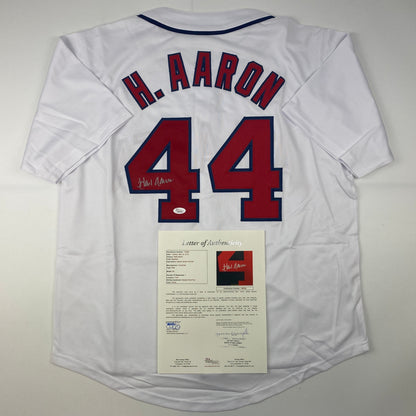 Autographed/Signed Hank Henry Aaron Atlanta White Baseball Jersey JSA COA/LOA