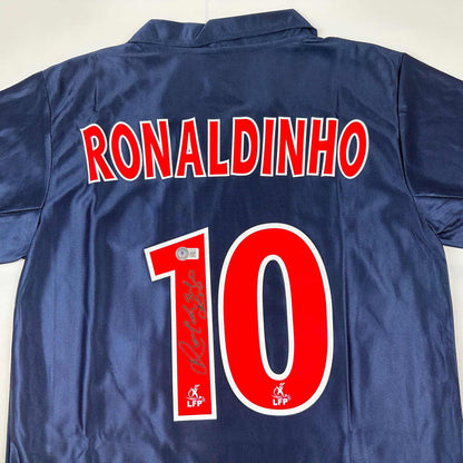 Autographed/Signed Ronaldinho PSG Paris Saint Germain Blue Soccer Futbol Jersey Beckett BAS COA