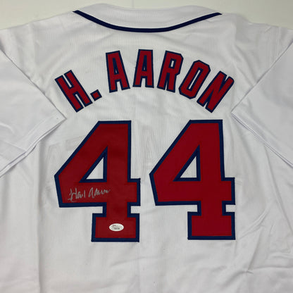 Autographed/Signed Hank Henry Aaron Atlanta White Baseball Jersey JSA COA/LOA