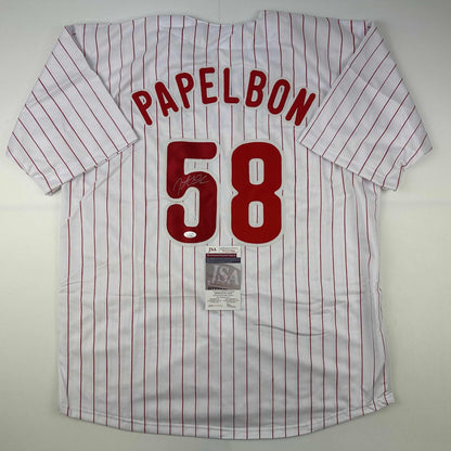 Autographed/Signed Jonathan Papelbon Philadelphia Pinstripe Baseball Jersey JSA COA