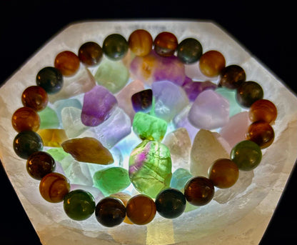 Moss Agate, Yellow Tiger Eye & Wood Jasper Bracelet – 8mm Beads for Large Wrists