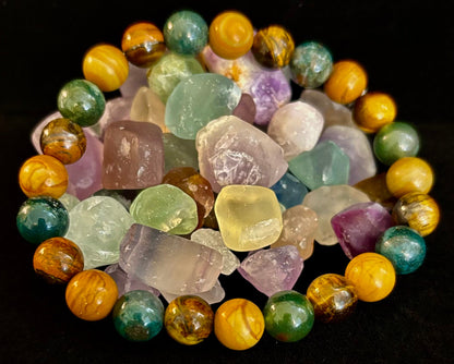 Moss Agate, Yellow Tiger Eye & Wood Jasper Bracelet – 8mm Beads for Large Wrists