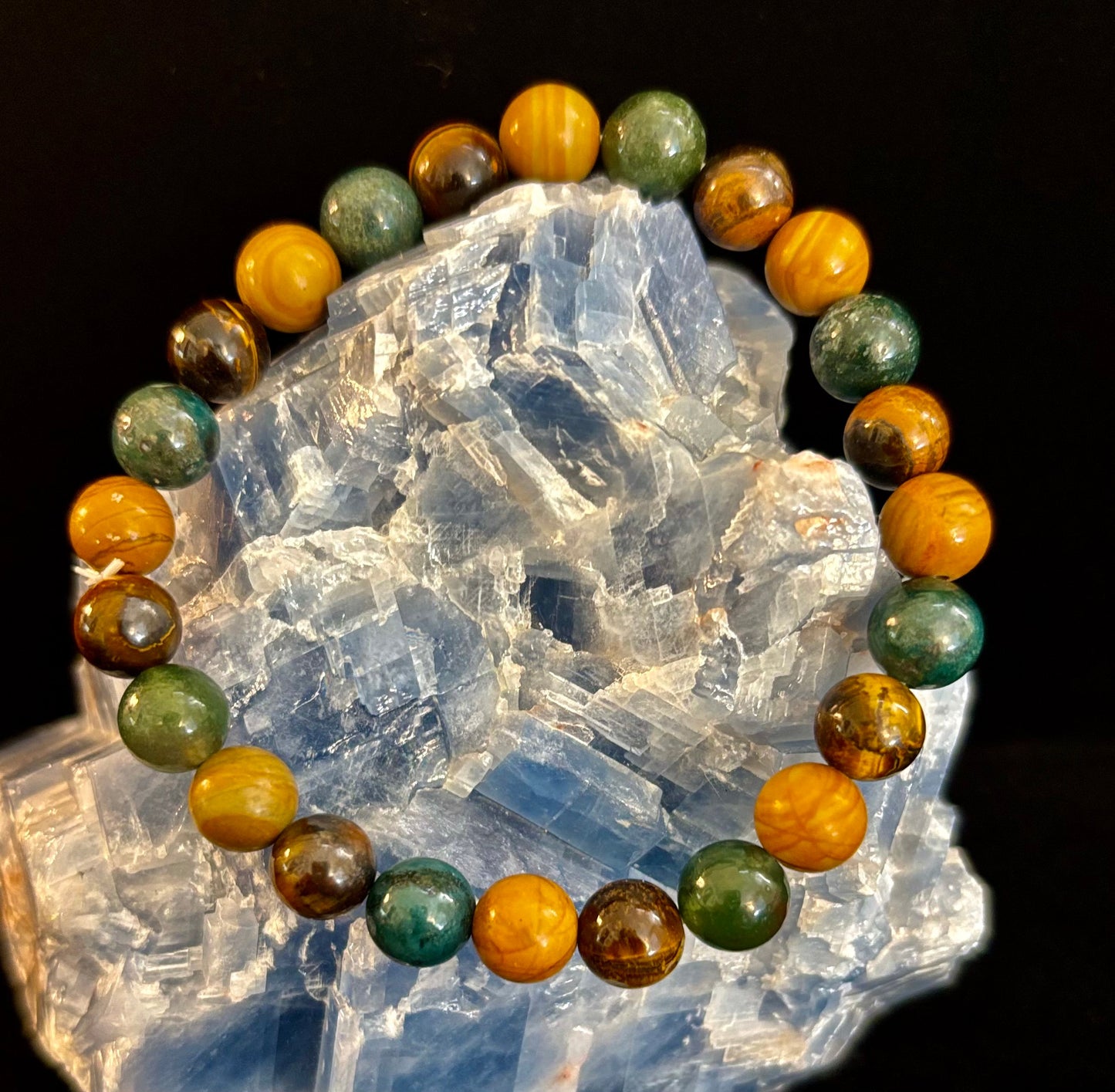Moss Agate, Yellow Tiger Eye & Wood Jasper Bracelet – 8mm Beads for Large Wrists
