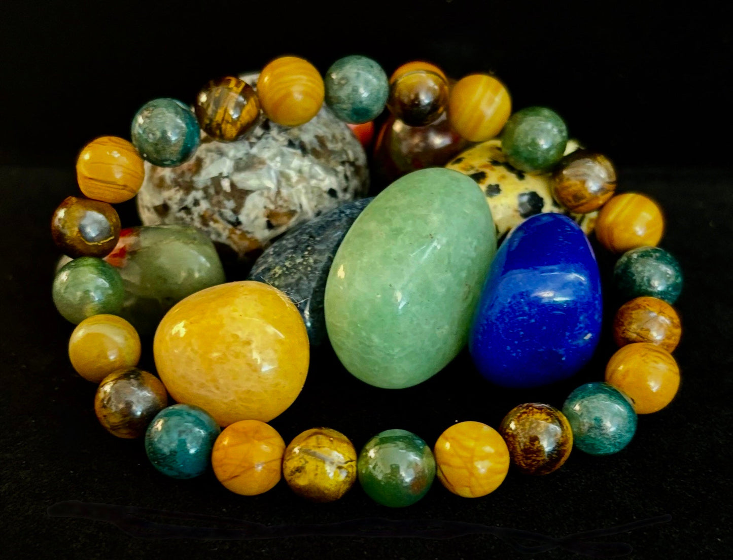 Moss Agate, Yellow Tiger Eye & Wood Jasper Bracelet – 8mm Beads for Large Wrists