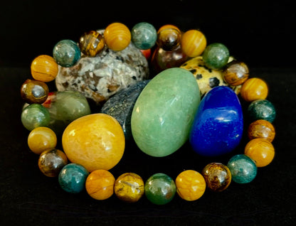 Moss Agate, Yellow Tiger Eye & Wood Jasper Bracelet – 8mm Beads for Large Wrists
