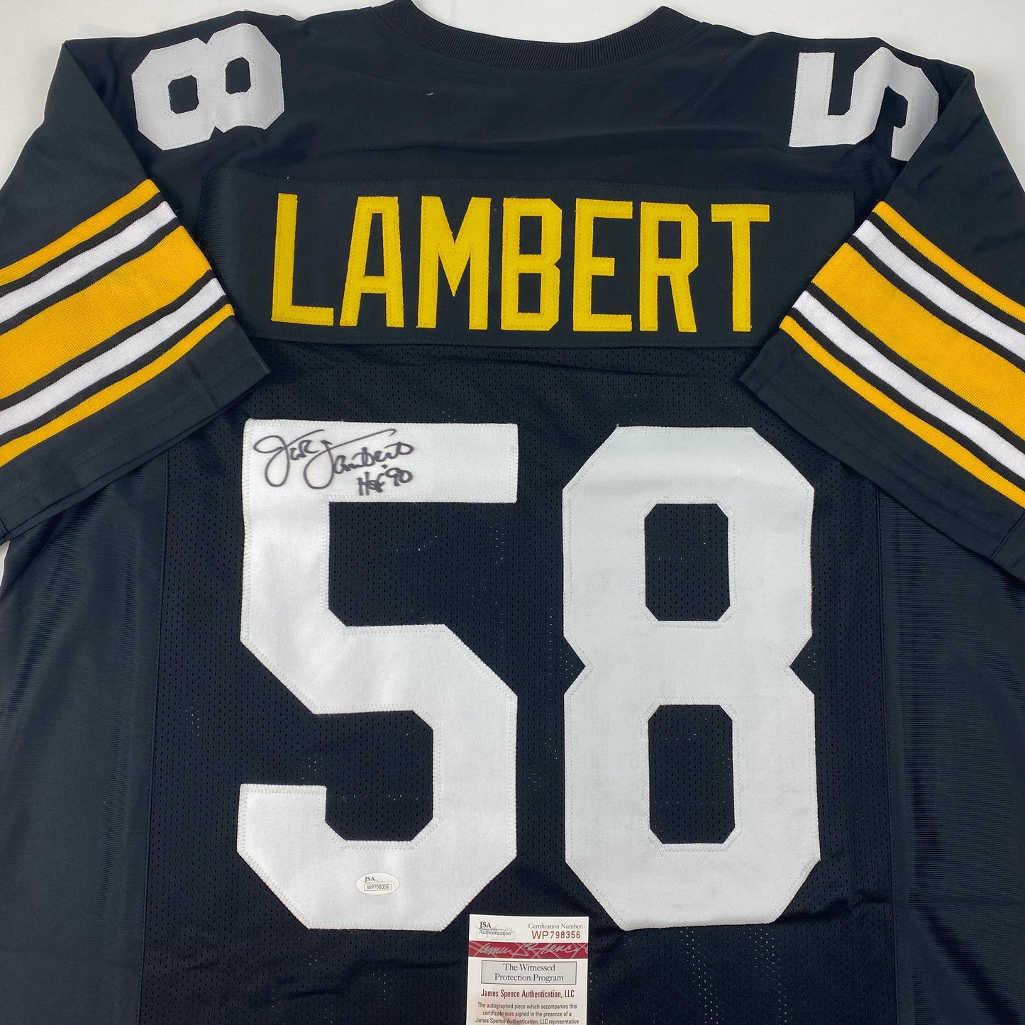 Autographed/Signed Jack Lambert HOF 90 Pittsburgh Black Football Jersey JSA COA