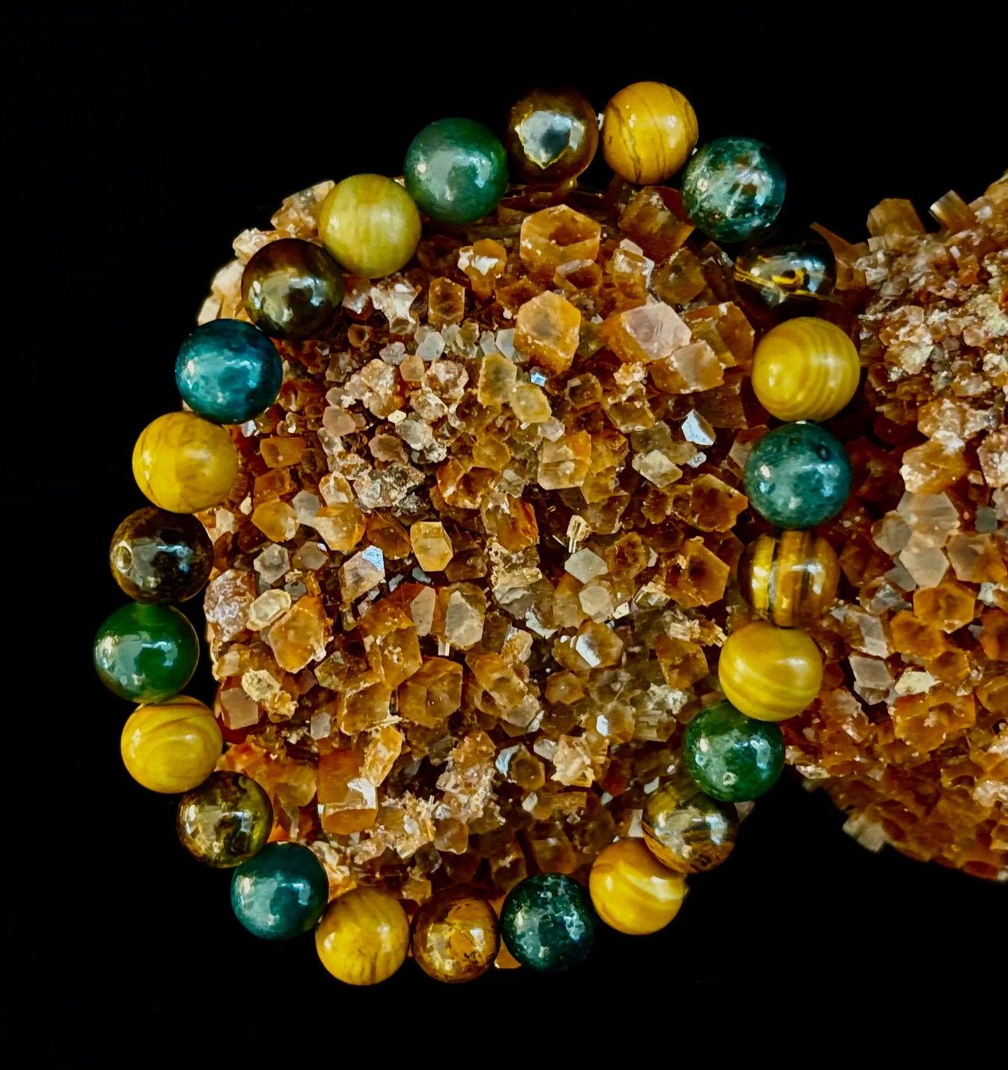 Moss Agate, Yellow Tiger Eye & Wood Jasper Bracelet – 8mm Beads for Large Wrists