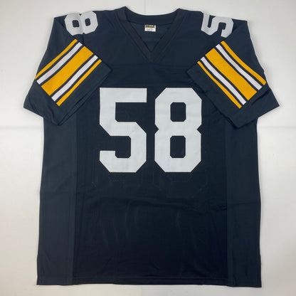 Autographed/Signed Jack Lambert HOF 90 Pittsburgh Black Football Jersey JSA COA
