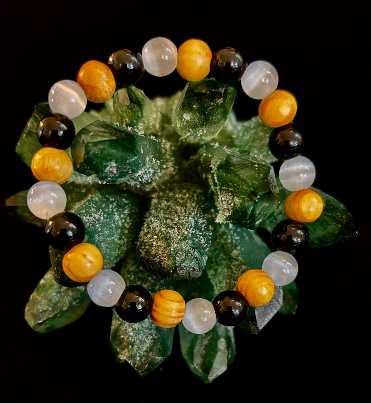 Selenite, Black Tourmaline & Palo Santo Bracelet – Protection & Cleansing for Small Wrists