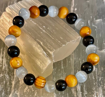 Selenite, Black Tourmaline & Palo Santo Bracelet – Protection & Cleansing for Small Wrists