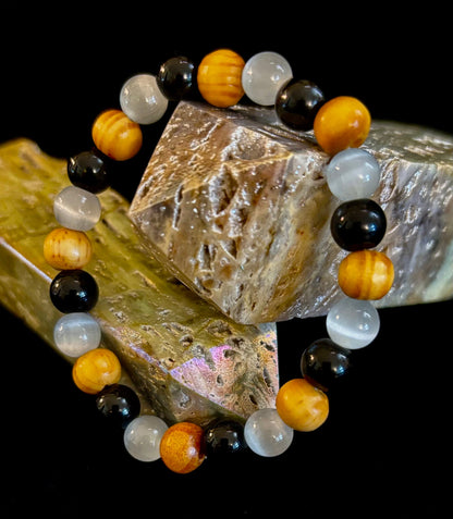 Selenite, Black Tourmaline & Palo Santo Bracelet – Protection & Cleansing for Small Wrists