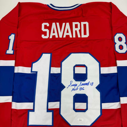 Autographed/Signed Serge Savard HOF 86 Montreal Red Hockey Jersey JSA COA