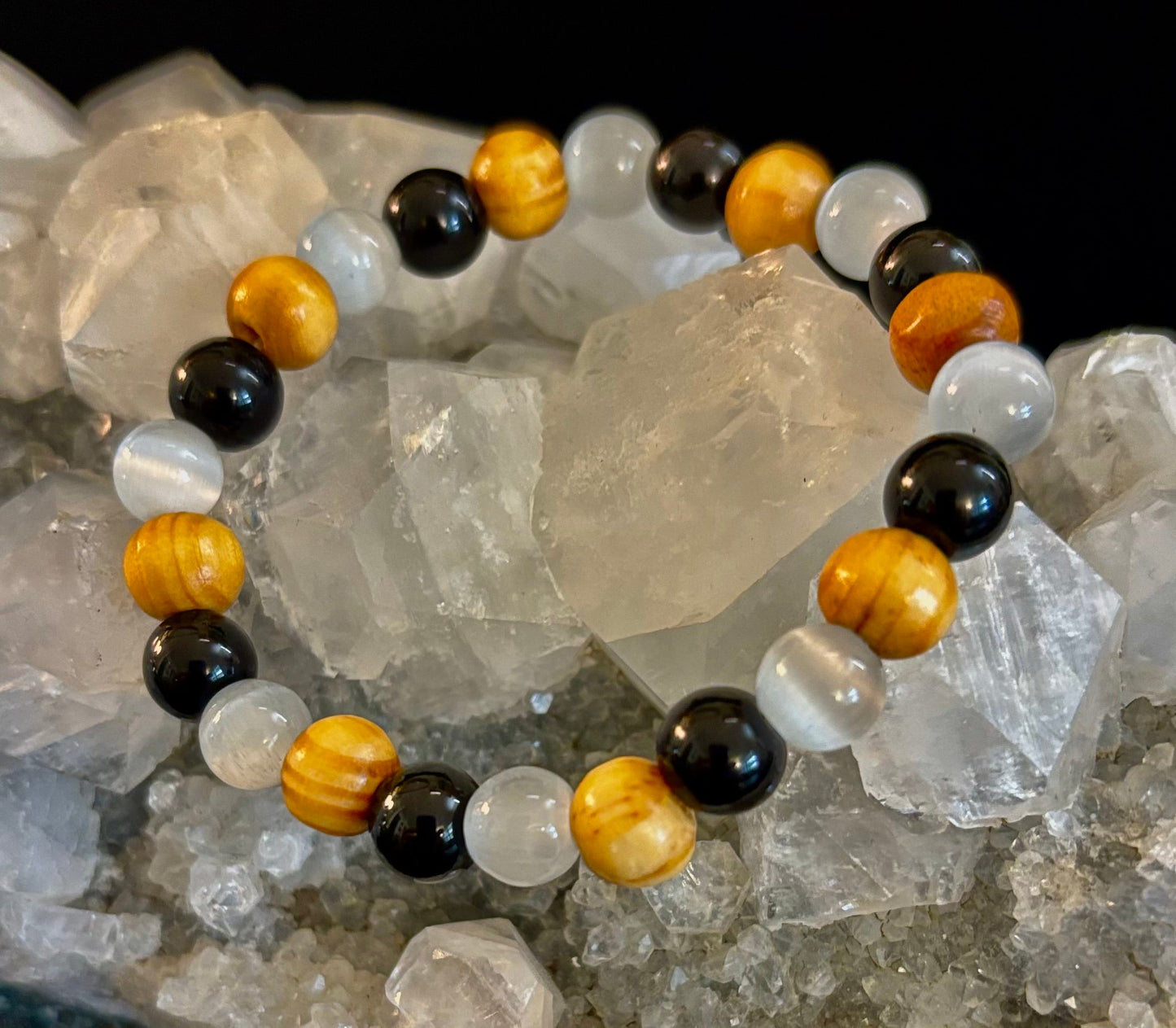 Selenite, Black Tourmaline & Palo Santo Bracelet – Protection & Cleansing for Small Wrists