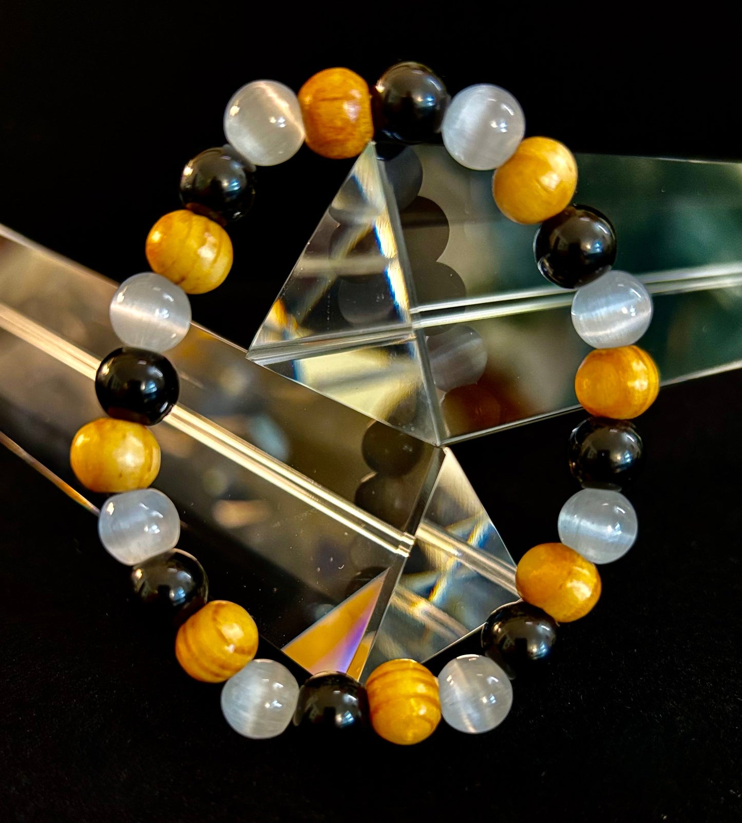 Selenite, Black Tourmaline & Palo Santo Bracelet – Protection & Cleansing for Small Wrists