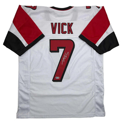 Autographed/Signed Michael Mike Vick Atlanta White Football Jersey Beckett BAS COA