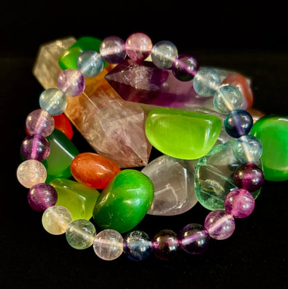 Reiki-Infused Natural Rainbow Fluorite Bracelet for Mental Focus, Intuition & Heart-Third Eye Alignment (6mm, 8mm & 10mm)
