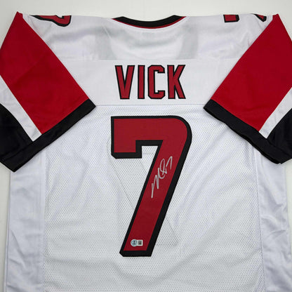 Autographed/Signed Michael Mike Vick Atlanta White Football Jersey Beckett BAS COA