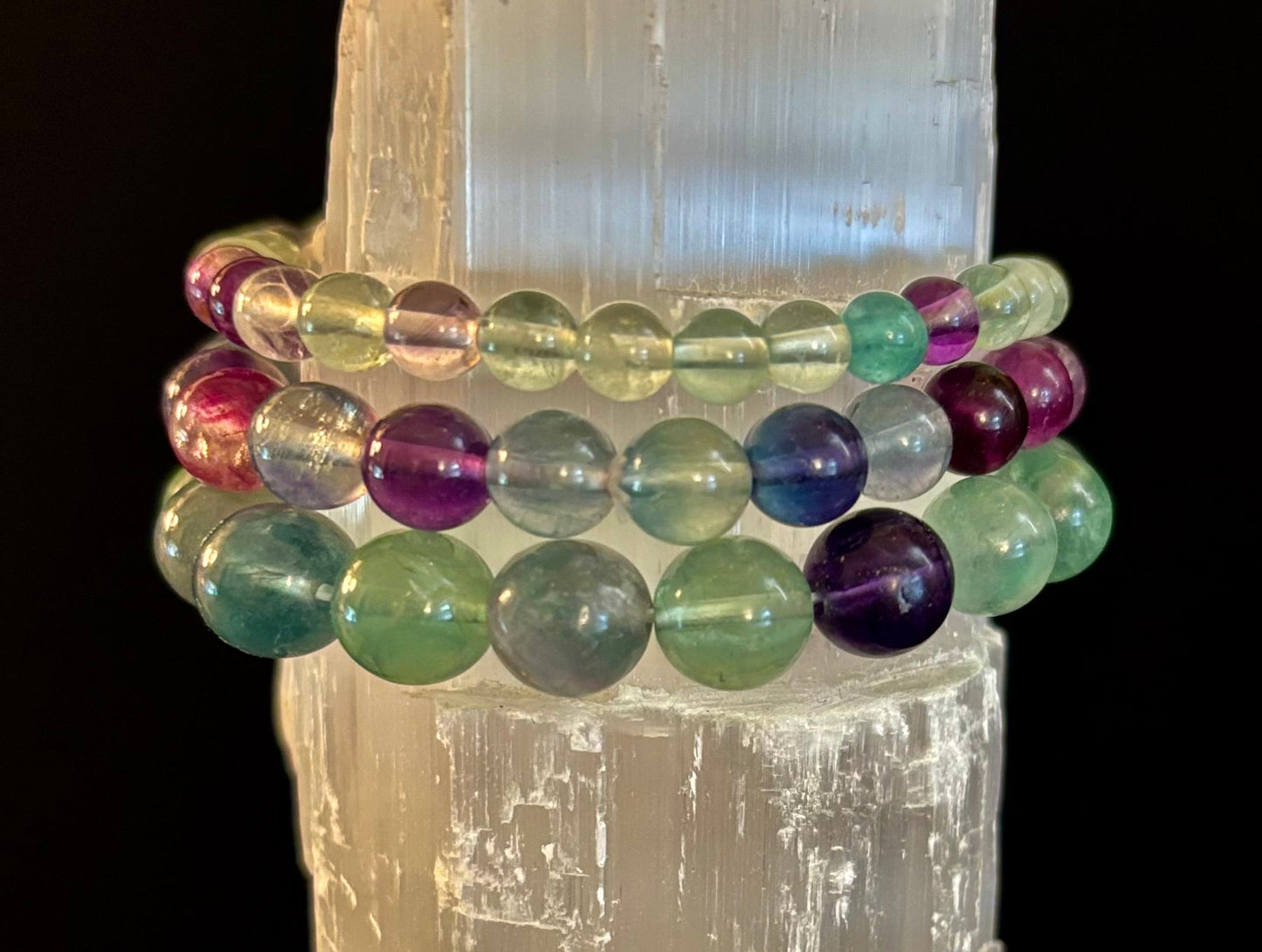 Reiki-Infused Natural Rainbow Fluorite Bracelet for Mental Focus, Intuition & Heart-Third Eye Alignment (6mm, 8mm & 10mm)