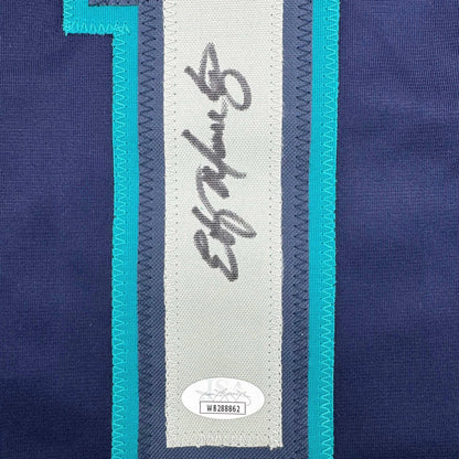 Framed Autographed/Signed Edgar Martinez 35x39 Seattle Blue Baseball Jersey JSA COA