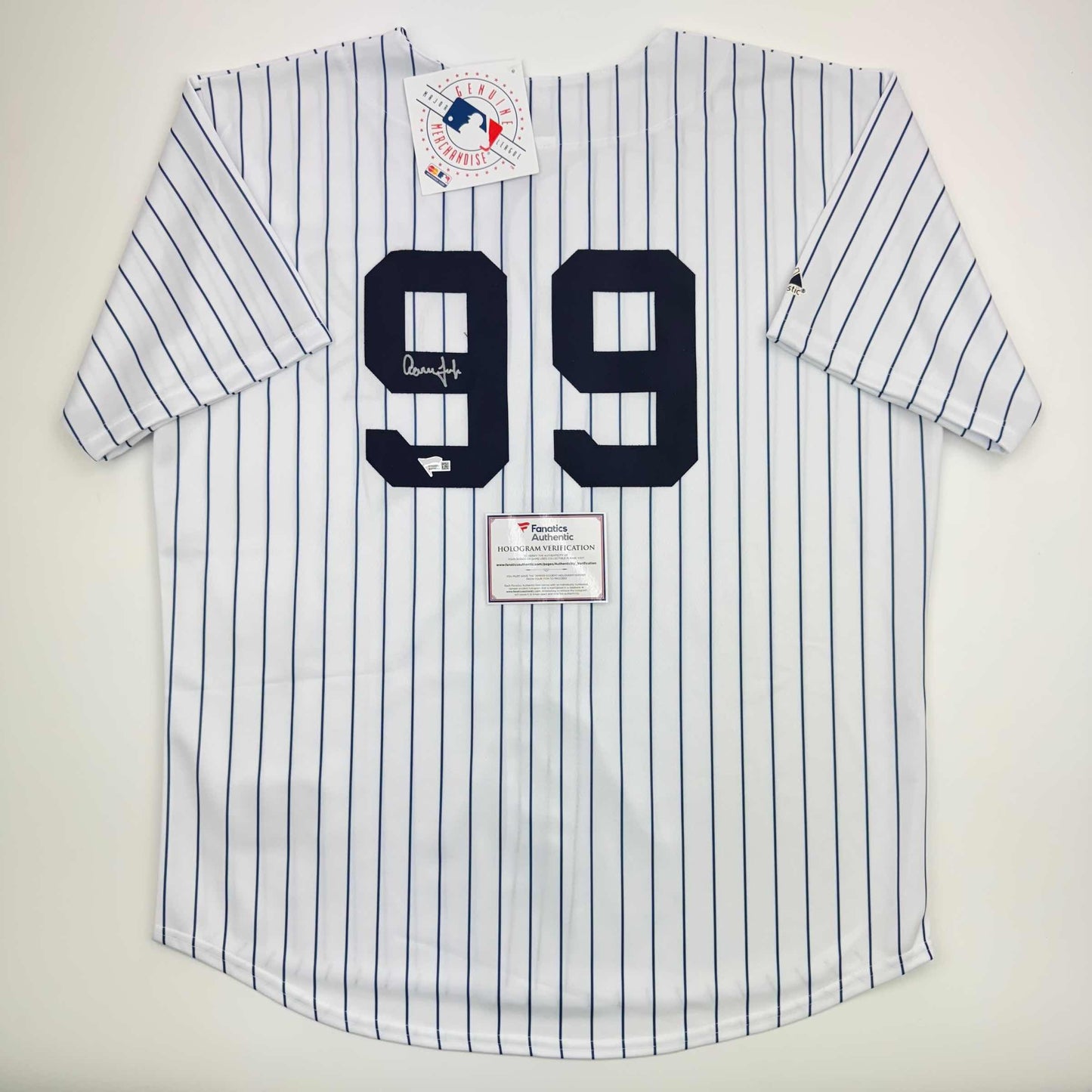 Autographed/Signed Aaron Judge New York Yankees Authentic Majestic Pinstripe Baseball Jersey Fanatics COA