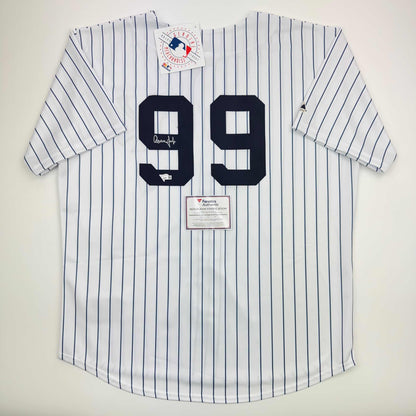 Autographed/Signed Aaron Judge New York Yankees Authentic Majestic Pinstripe Baseball Jersey Fanatics COA