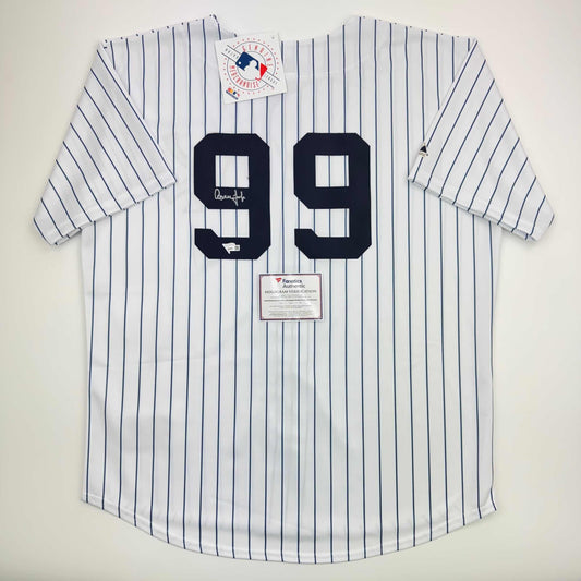 Autographed/Signed Aaron Judge New York Yankees Authentic Majestic Pinstripe Baseball Jersey Fanatics COA