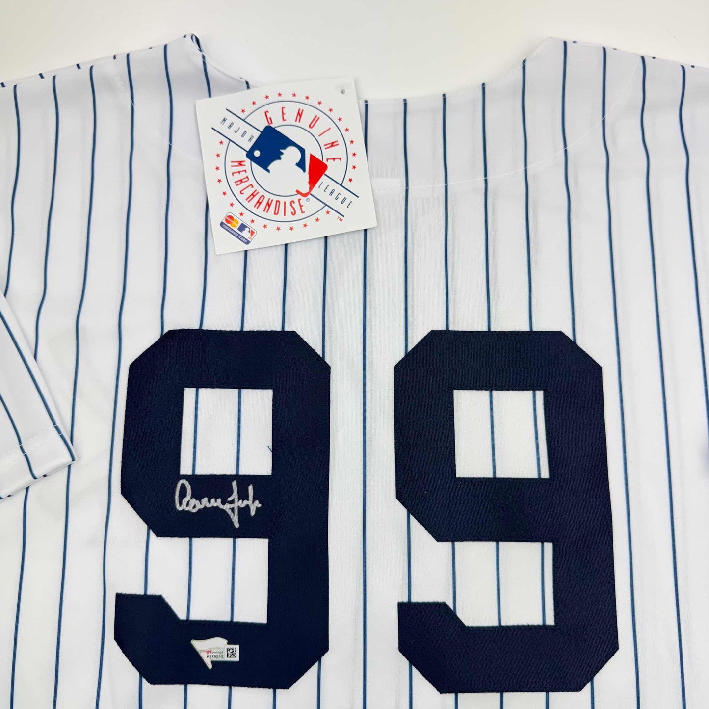 Autographed/Signed Aaron Judge New York Yankees Authentic Majestic Pinstripe Baseball Jersey Fanatics COA