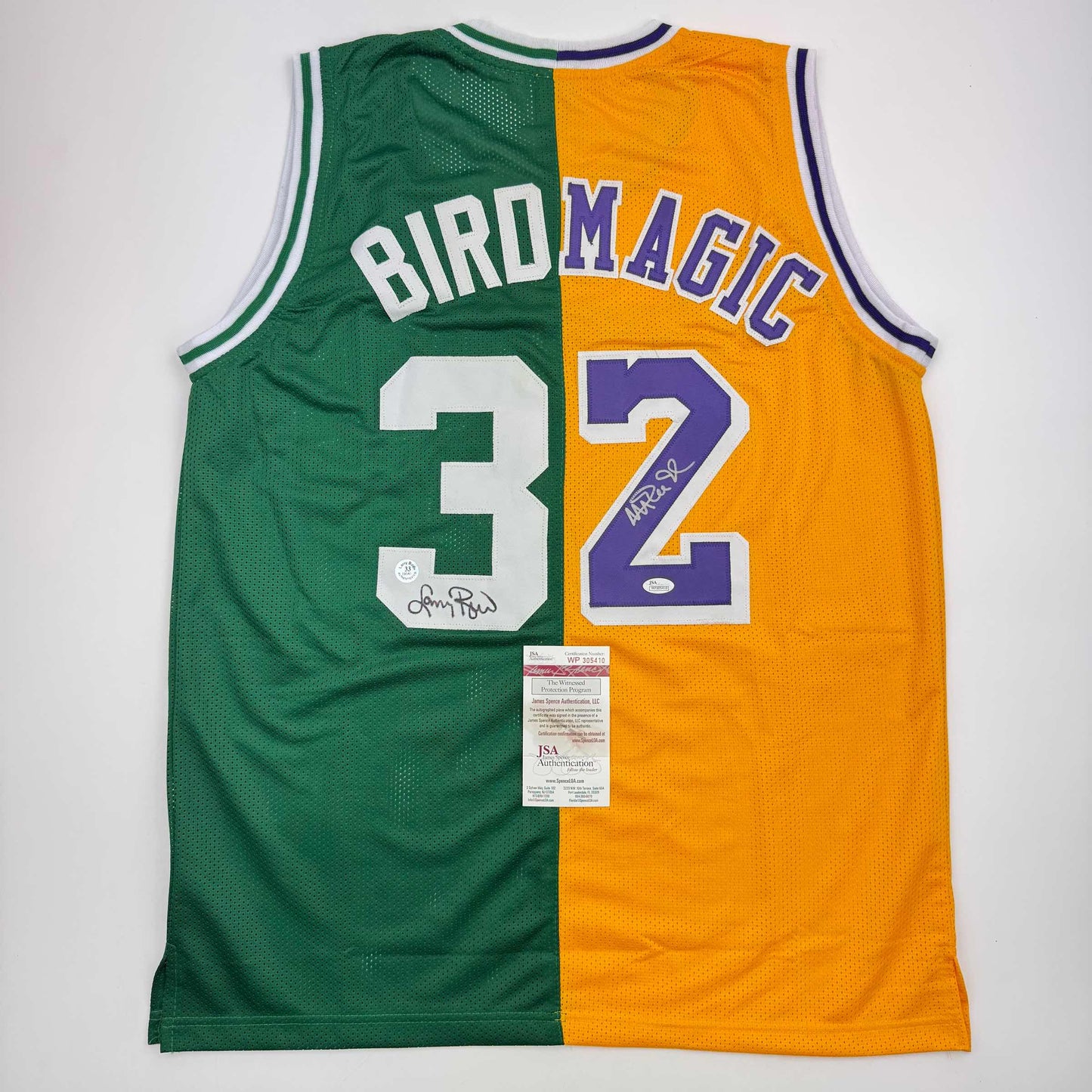 Autographed/Signed Larry Bird & Magic Johnson Dual Basketball Jersey JSA COA