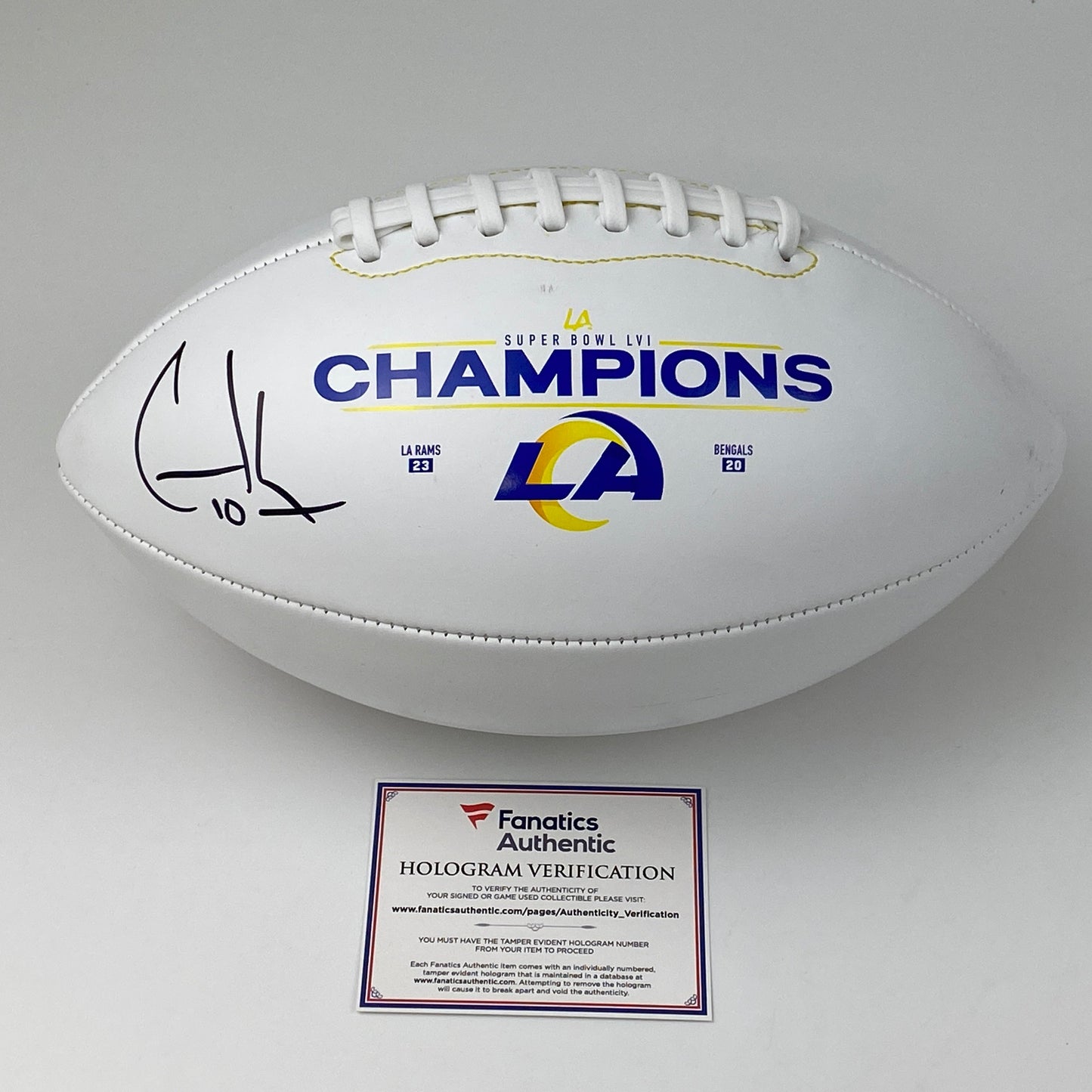 Autographed/Signed Cooper Kupp Super Bowl LVI Champions Los Angeles Rams Full Size FS F/S White Panel Logo Football Fanatics COA