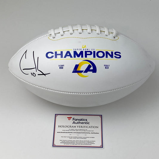 Autographed/Signed Cooper Kupp Super Bowl LVI Champions Los Angeles Rams Full Size FS F/S White Panel Logo Football Fanatics COA