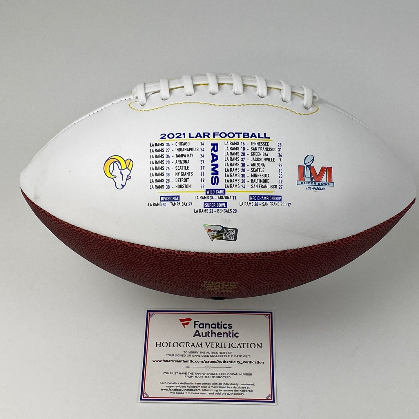 Autographed/Signed Cooper Kupp Super Bowl LVI Champions Los Angeles Rams Full Size FS F/S White Panel Logo Football Fanatics COA