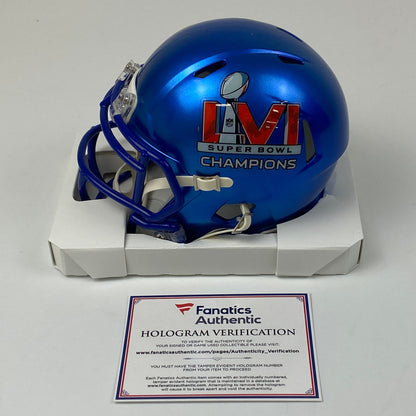 Autographed/Signed Cooper Kupp Super Bowl LVI Champions Los Angeles Rams Mini Football Helmet Fanatics COA