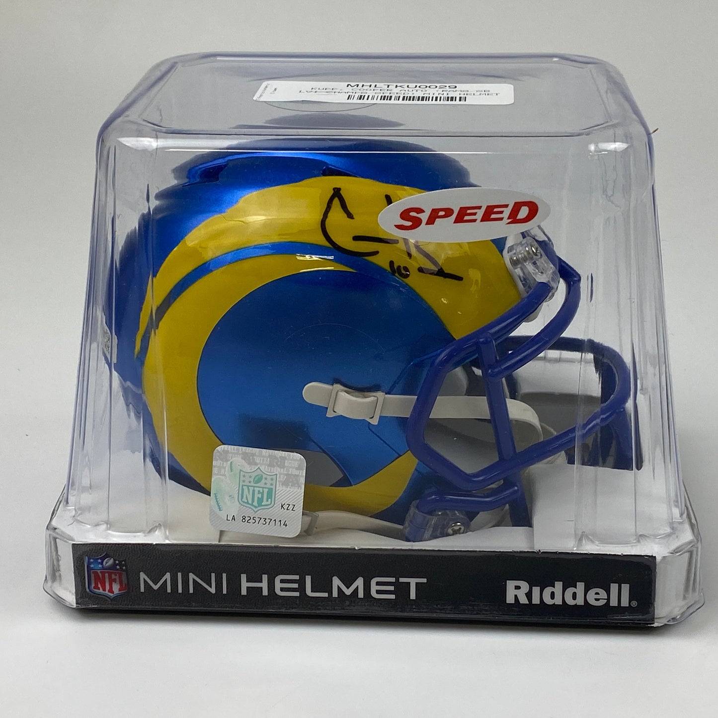 Autographed/Signed Cooper Kupp Super Bowl LVI Champions Los Angeles Rams Mini Football Helmet Fanatics COA