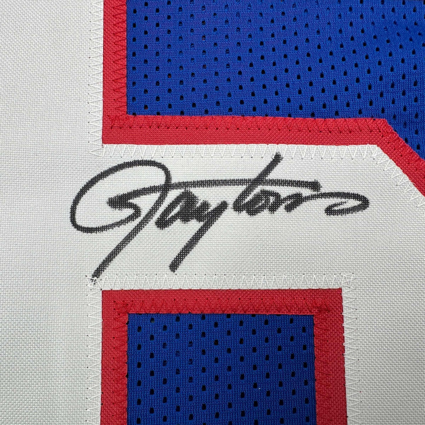 Framed Autographed/Signed Lawrence Taylor 35x39 New York Blue Stat Football Jersey Beckett BAS COA