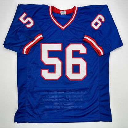 Autographed/Signed Lawrence Taylor New York Blue Stat Football Jersey Beckett BAS COA