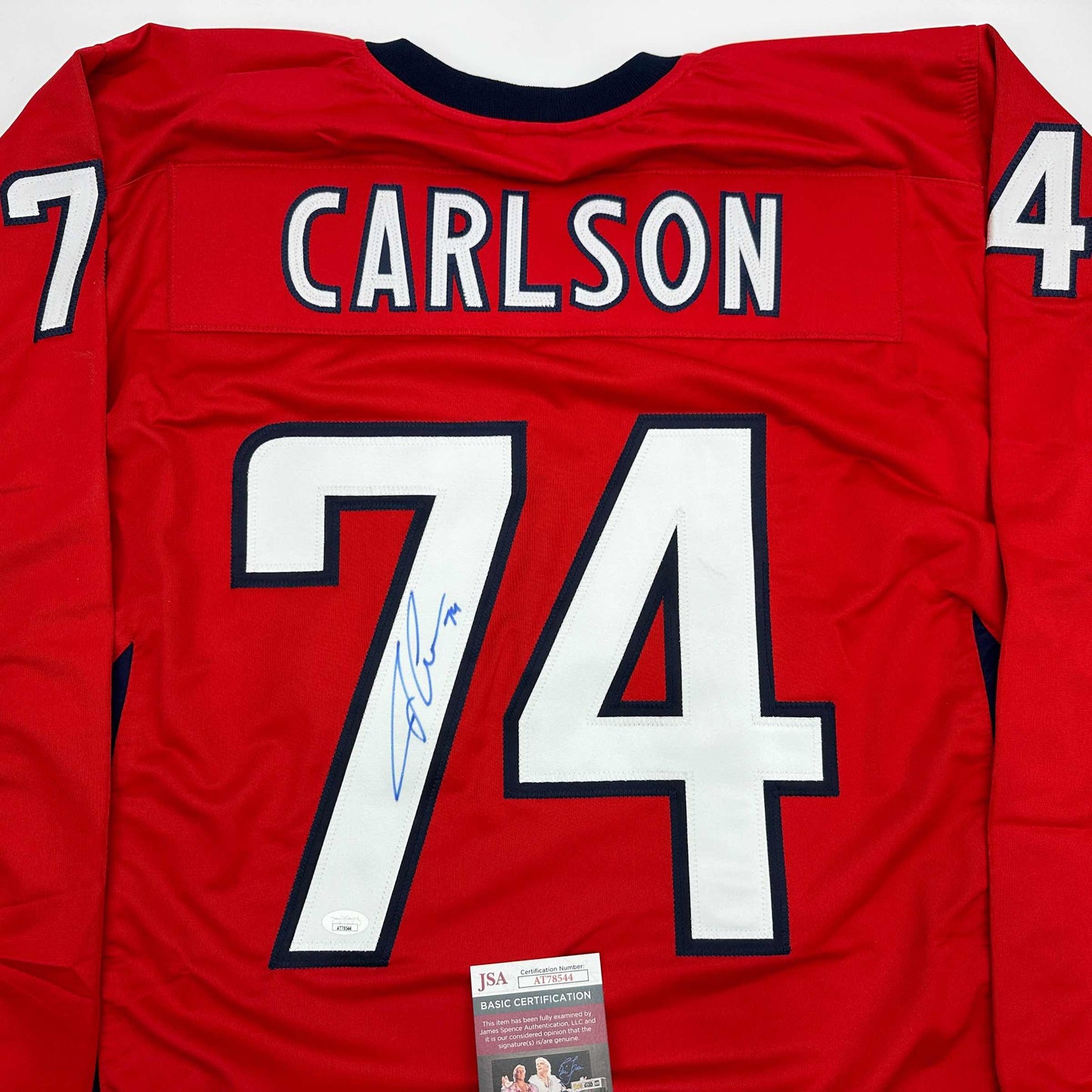 Autographed/Signed John Carlson Washington Red Hockey Jersey JSA COA