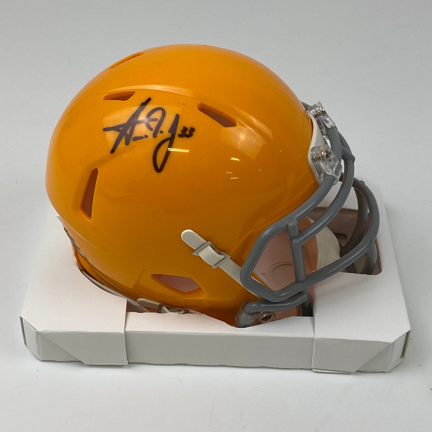 Autographed/Signed Aaron Jones Green Bay Packers Retro Throwback Football Mini Helmet Beckett BAS COA