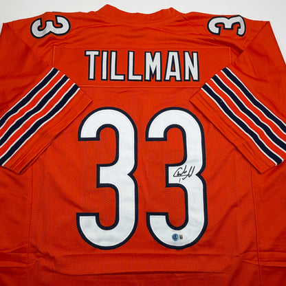 Autographed/Signed Charles Tillman Peanut Chicago Orange Football Jersey Beckett BAS COA
