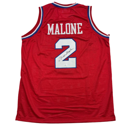 Autographed/Signed Moses Malone Philadelphia Red Basketball Jersey JSA COA