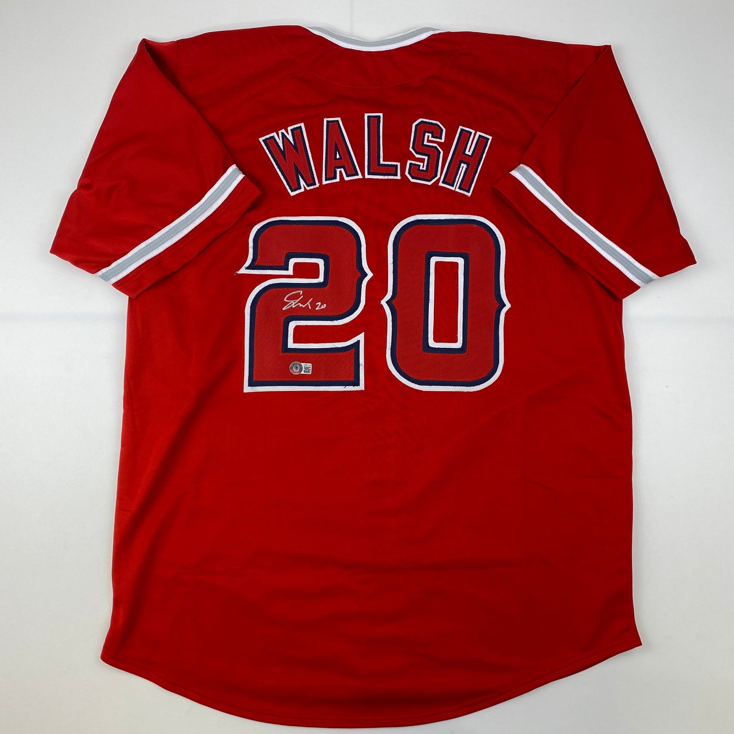 Autographed/Signed Jared Walsh Los Angeles Red Baseball Jersey Beckett BAS COA