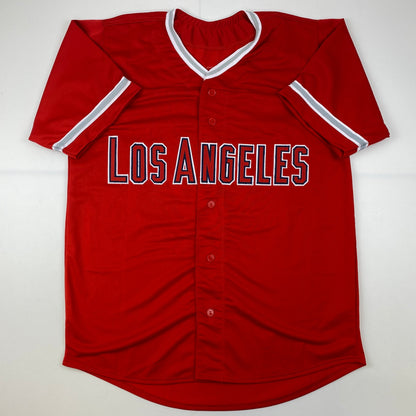 Autographed/Signed Jared Walsh Los Angeles Red Baseball Jersey Beckett BAS COA
