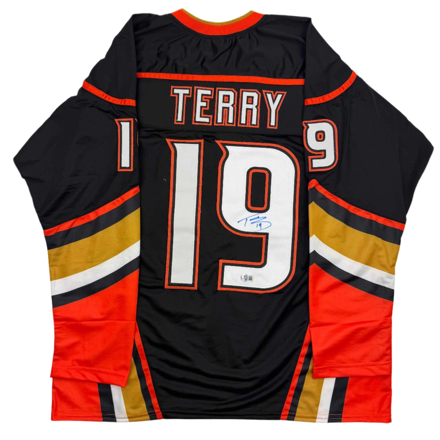 Autographed/Signed Troy Terry Anaheim Black Hockey Jersey Beckett BAS COA